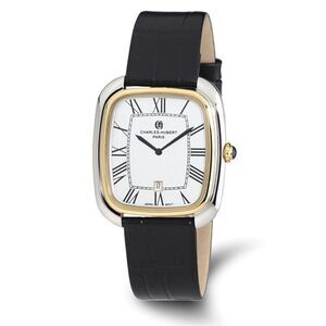 Charles Hubert Ladies IP 2-tone Square Black Leather Band Watch